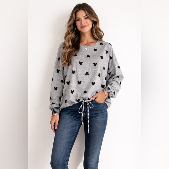 Disney Tops - Disney Mickey Mouse Gray Long Sleeve Top | Size XL | Tie Hem
